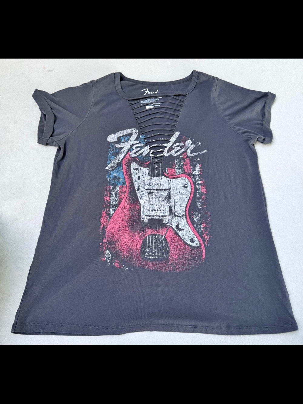 Fender Black Tee with White Logo and Blue Accent